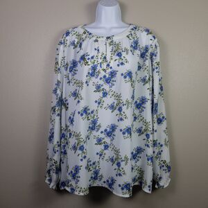 Papermoon White & Blue Floral Long Sleeve Blouse Size 3X